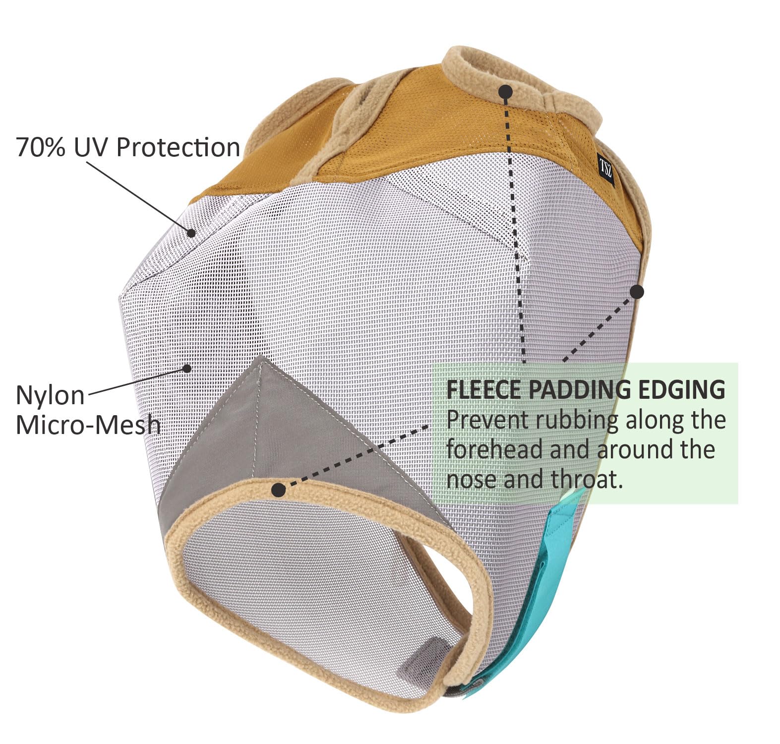 The Sunny Zebra fly mask shows soft fleece padding to prevent rubbing on sensitive skin.
