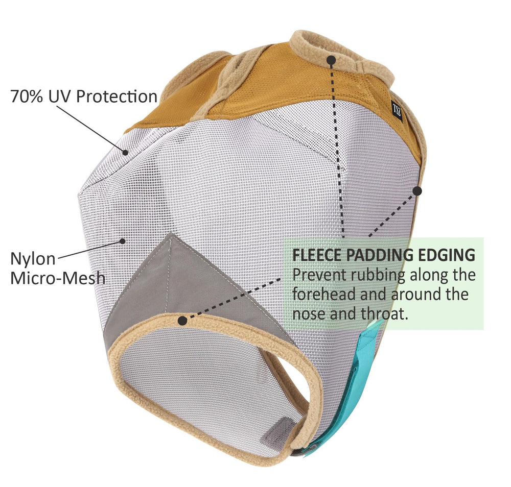 The Sunny Zebra fly mask shows soft fleece padding to prevent rubbing on sensitive skin.