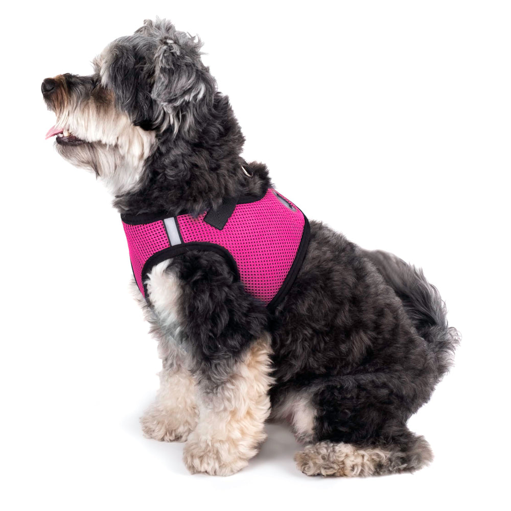 The Worthy Dog Step-In Harness Pink Small leash attachment point for secure walks.