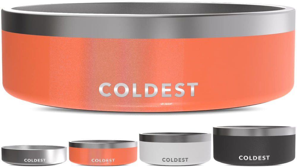 The Coldest Water candy red glitter dog bowl hero shot showing spill-proof design