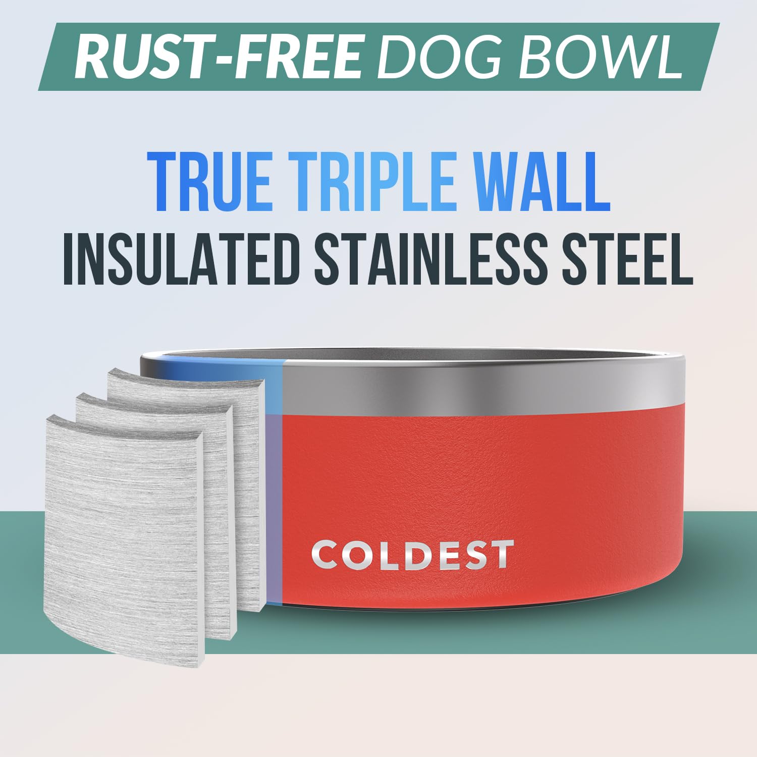 The Coldest Water dog bowl Crimson Red cross-section highlights true triple wall insulation