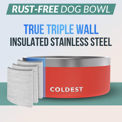 The Coldest Water dog bowl Crimson Red cross-section highlights true triple wall insulation