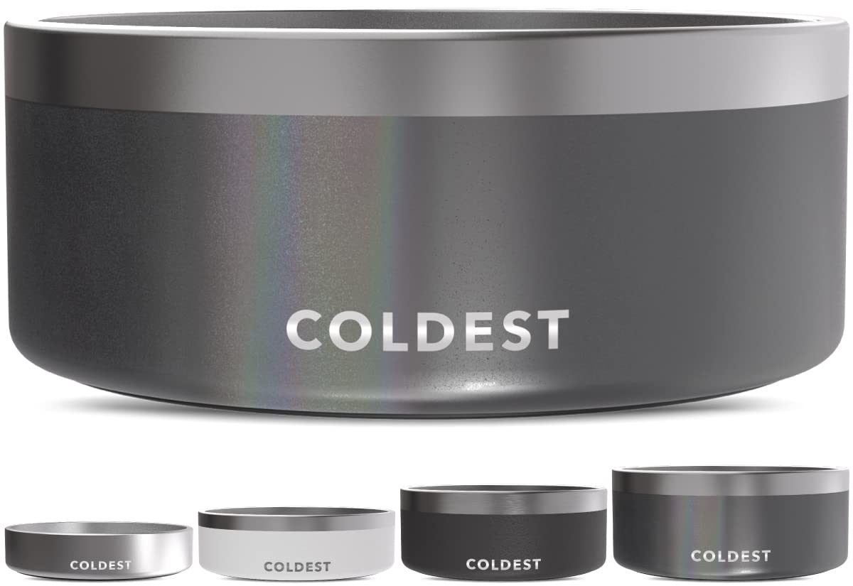 The Coldest Water Coldest Dog Bowl anti-rust metal with non-slip base prevents spills.