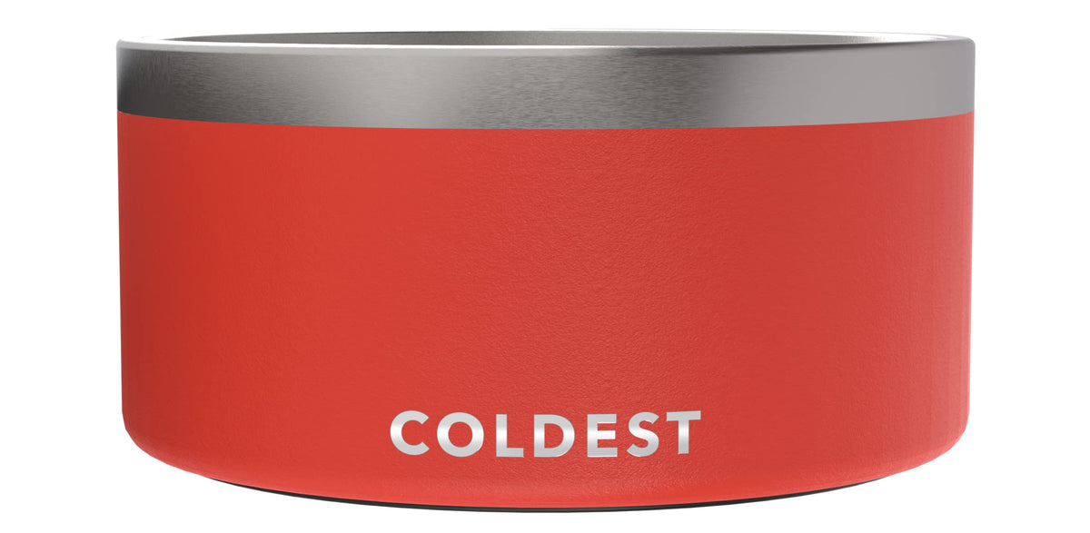 The Coldest Water crimson red dog bowl front view shows triple insulation for cooler water