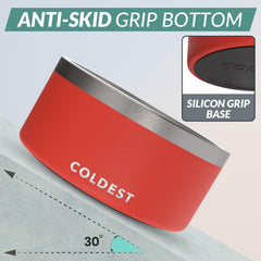 The Coldest Water crimson red dog bowl side view highlights anti-slip base to prevent spills