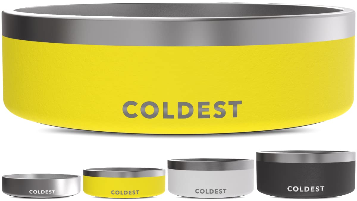 The Coldest Water Colddog bowl in solar yellow with spill-proof design for clean floors.