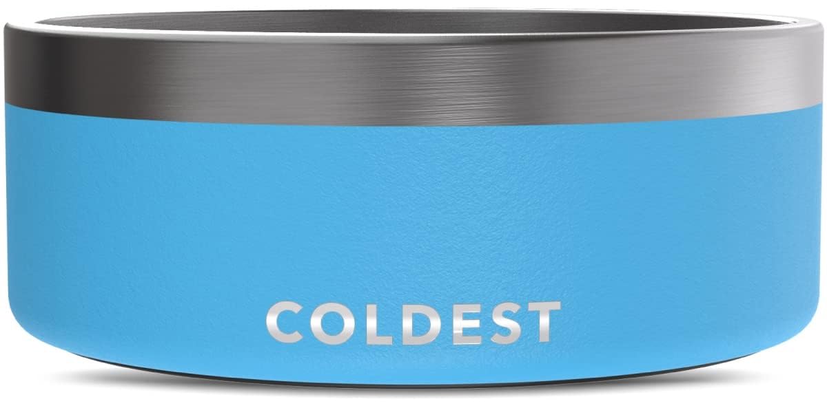 The Coldest Water dog bowl outer view shows durable stainless steel and Celestial Blue finish.
