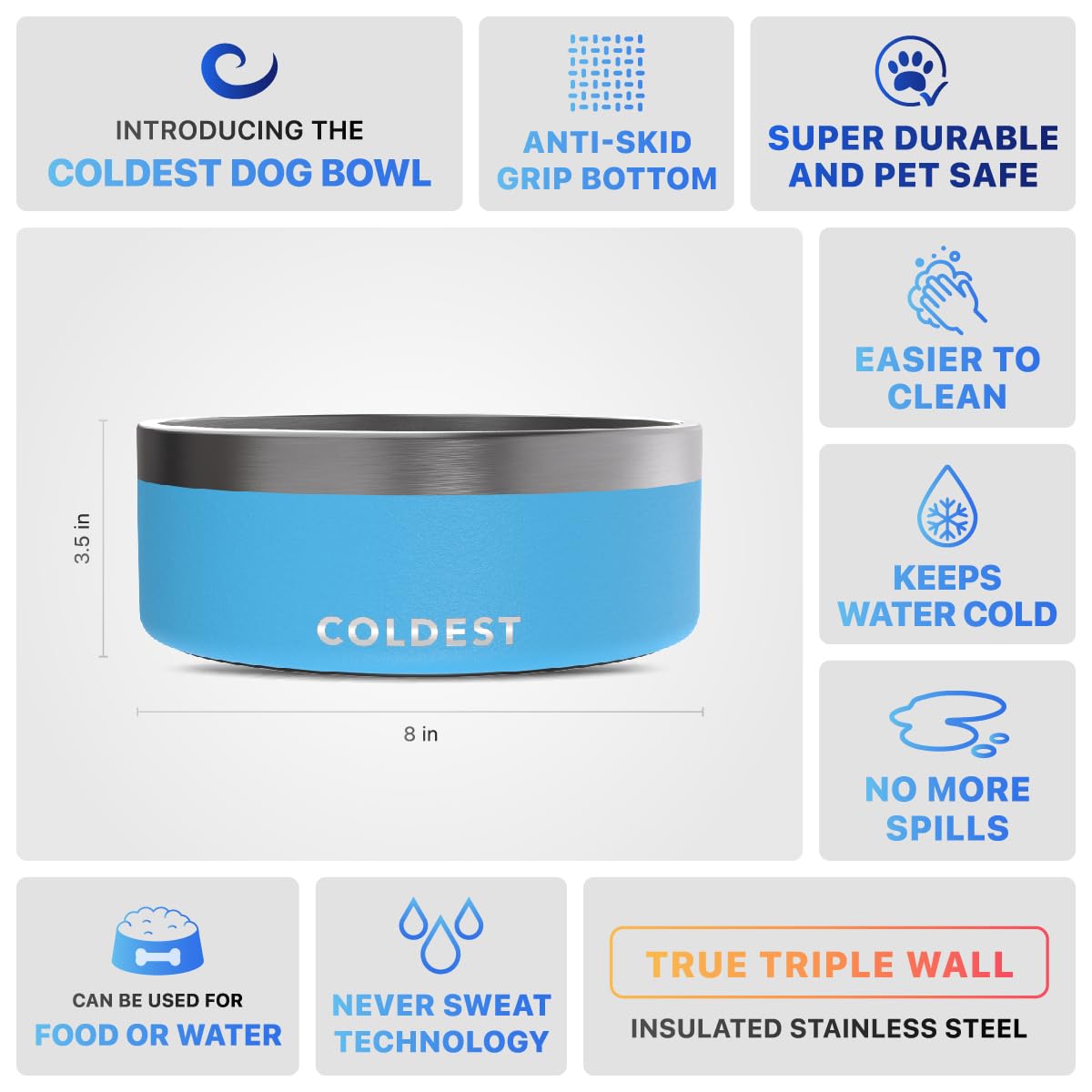 The Coldest Water dog bowl rust-resistant stainless surface withstands daily use.