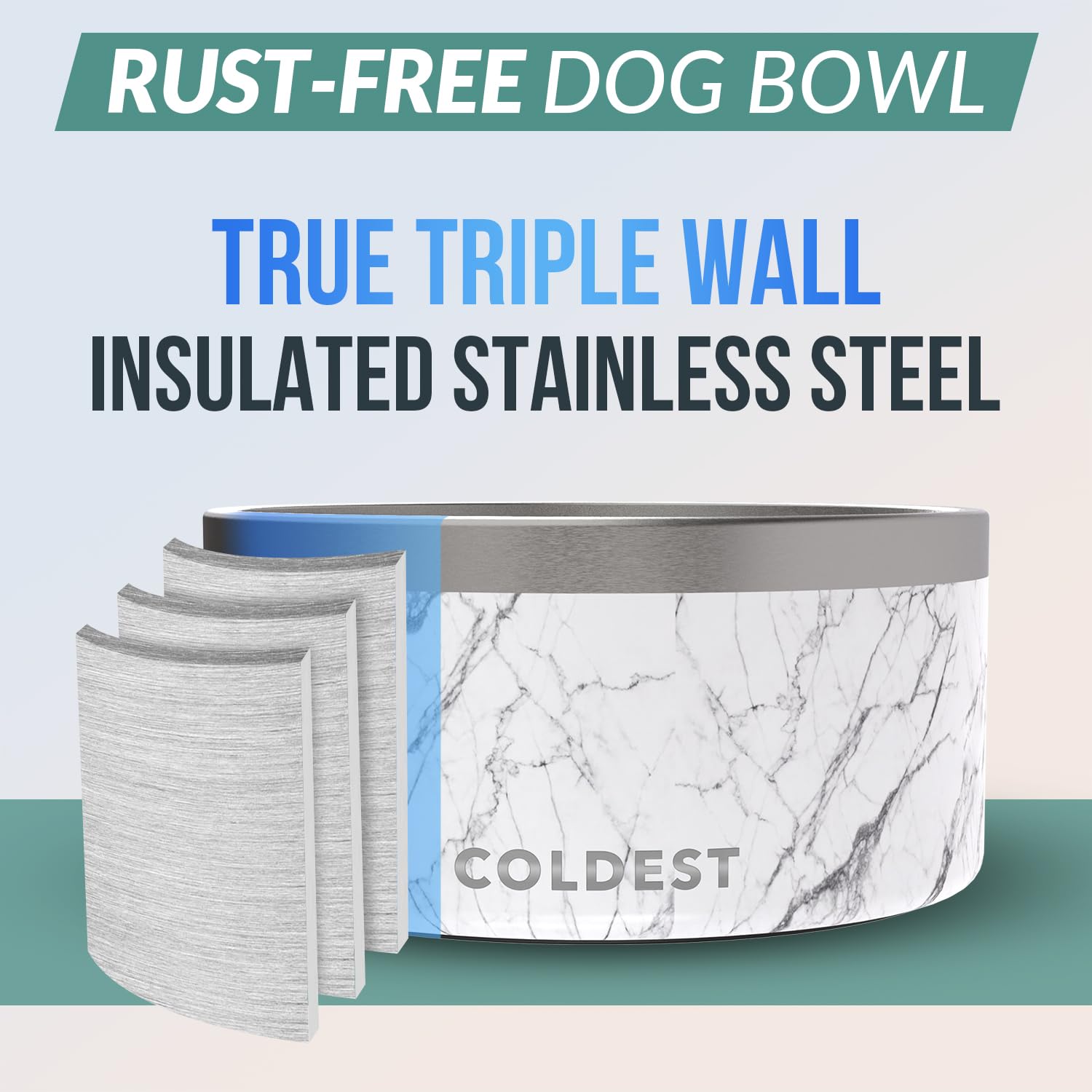 The Coldest Water triple-wall insulated dog bowl preserves water temperature for comfortable drinking.