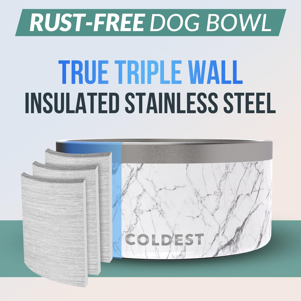 The Coldest Water triple-wall insulated dog bowl preserves water temperature for comfortable drinking.