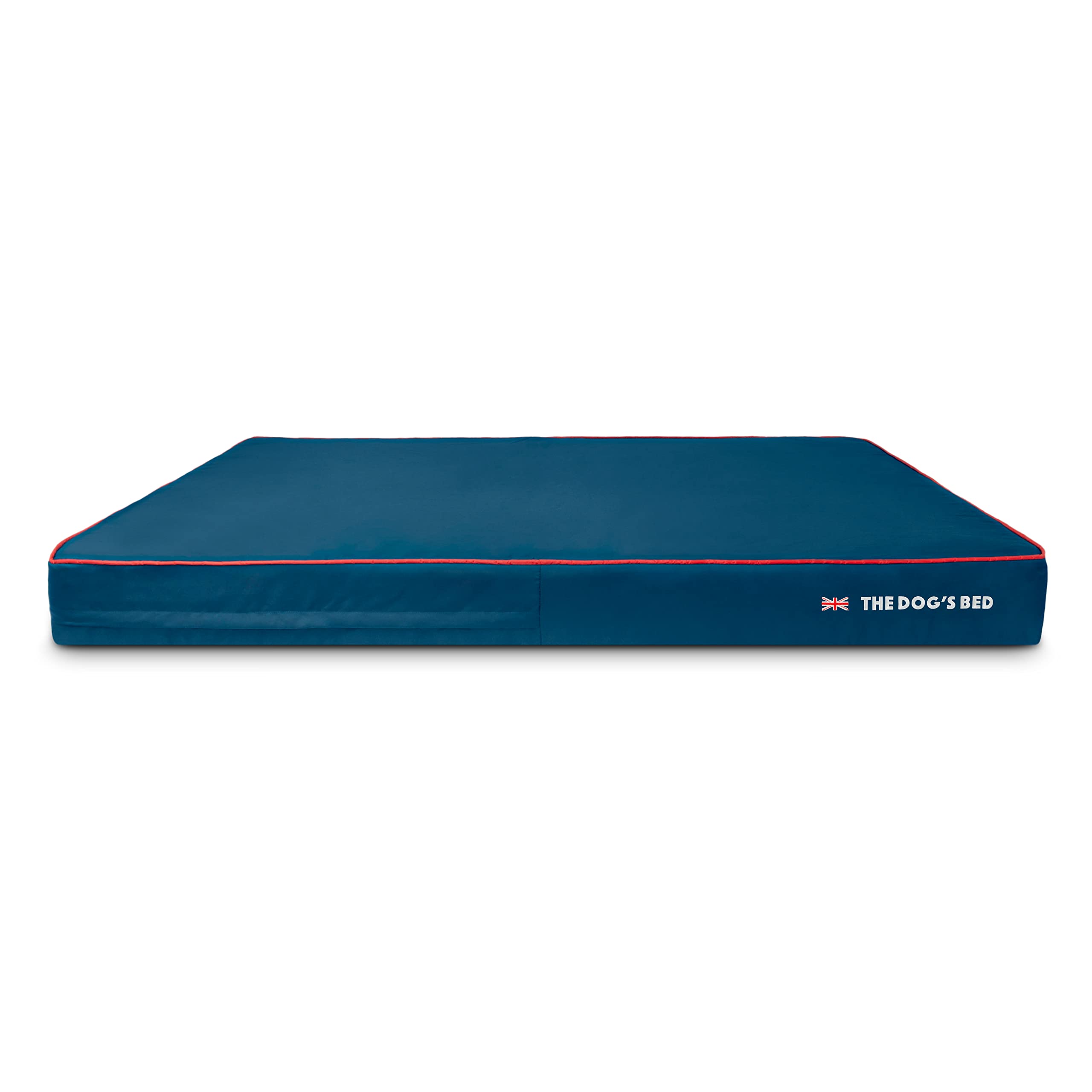 The Dog's Beds blue outer cover with UK flag piping protects joints and keeps the bed tidy.