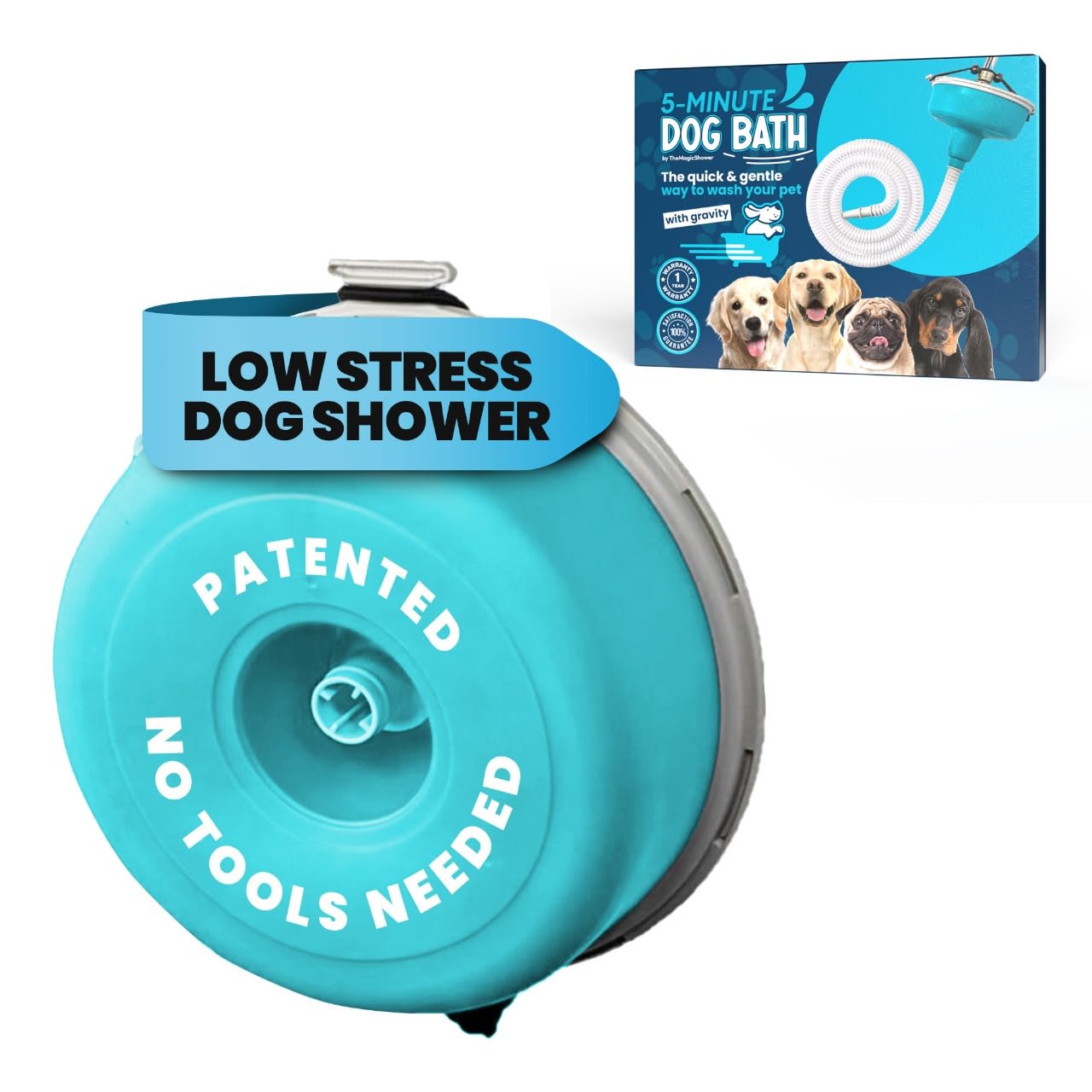 TheMagicShower dog bath hose attachment in use for gentle full-body rinsing.