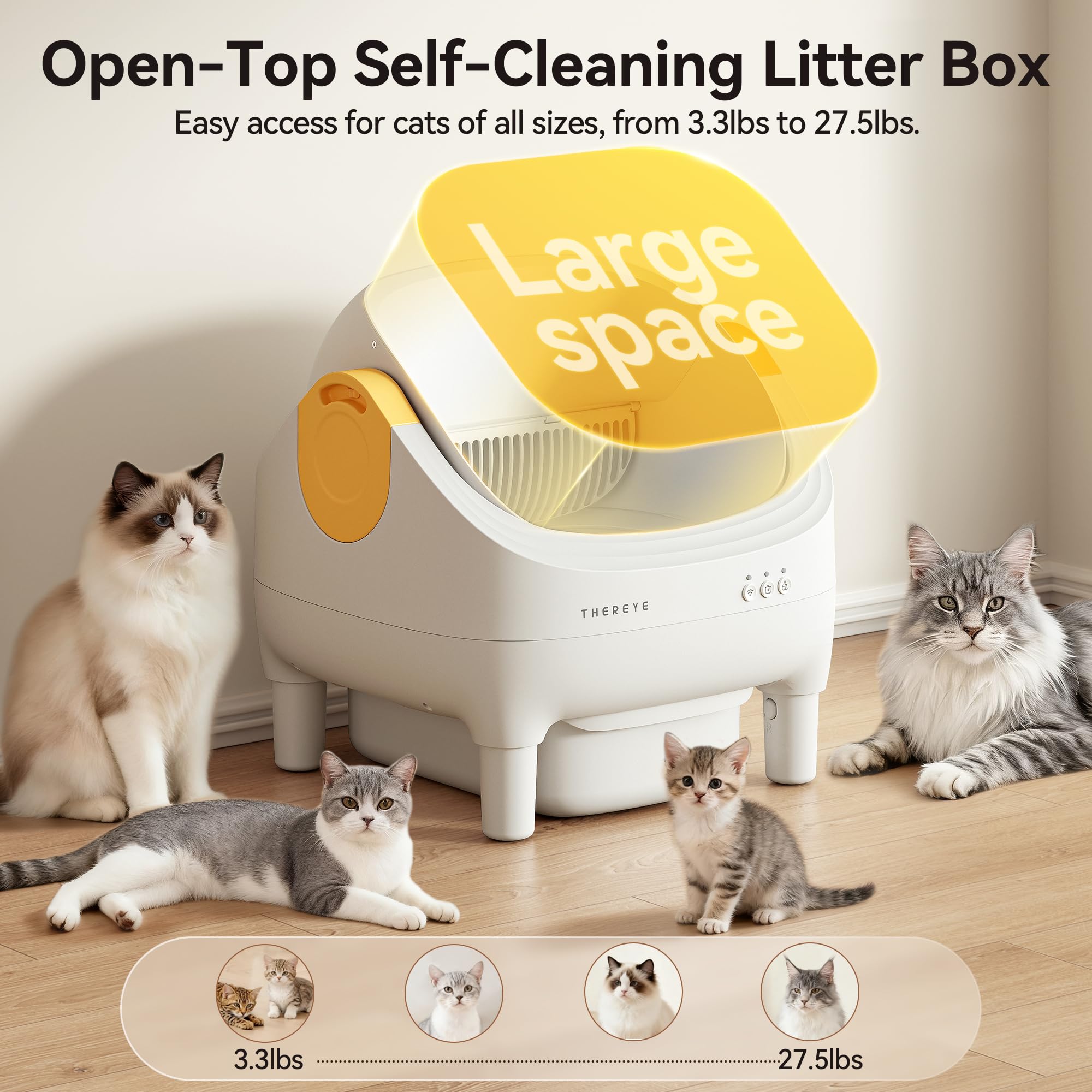 Thereye self-cleaning cat litter box spacious-entry highlights easy access for multi-cat homes.