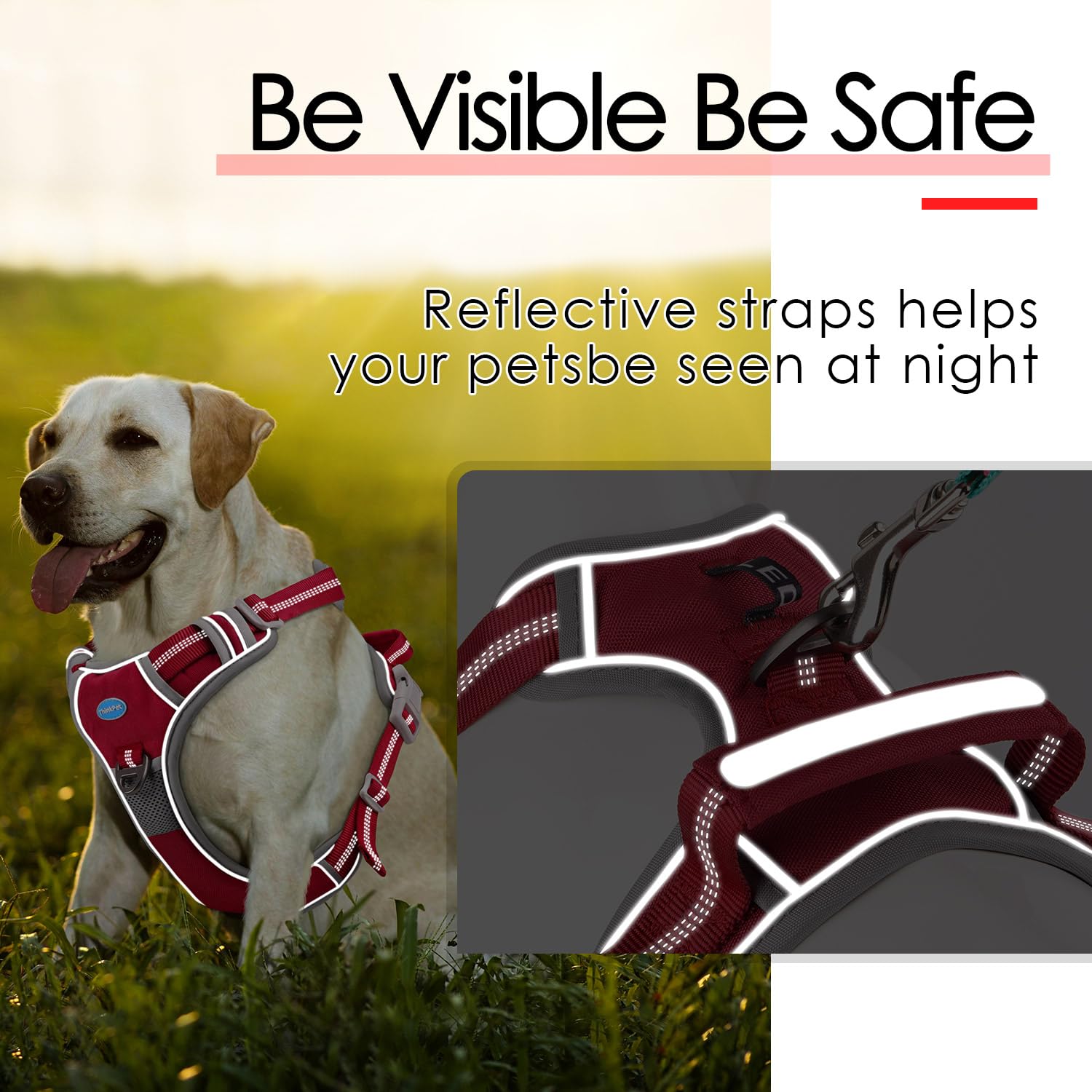 ThinkPet dark red harness worn on dog for visibility and style.