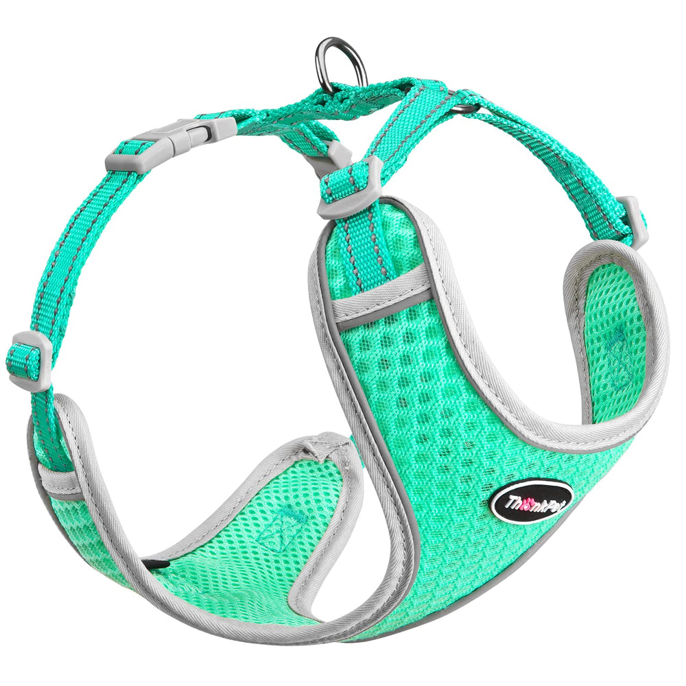 ThinkPet teal medium harness over-head fit enables quick, comfortable daily walks.