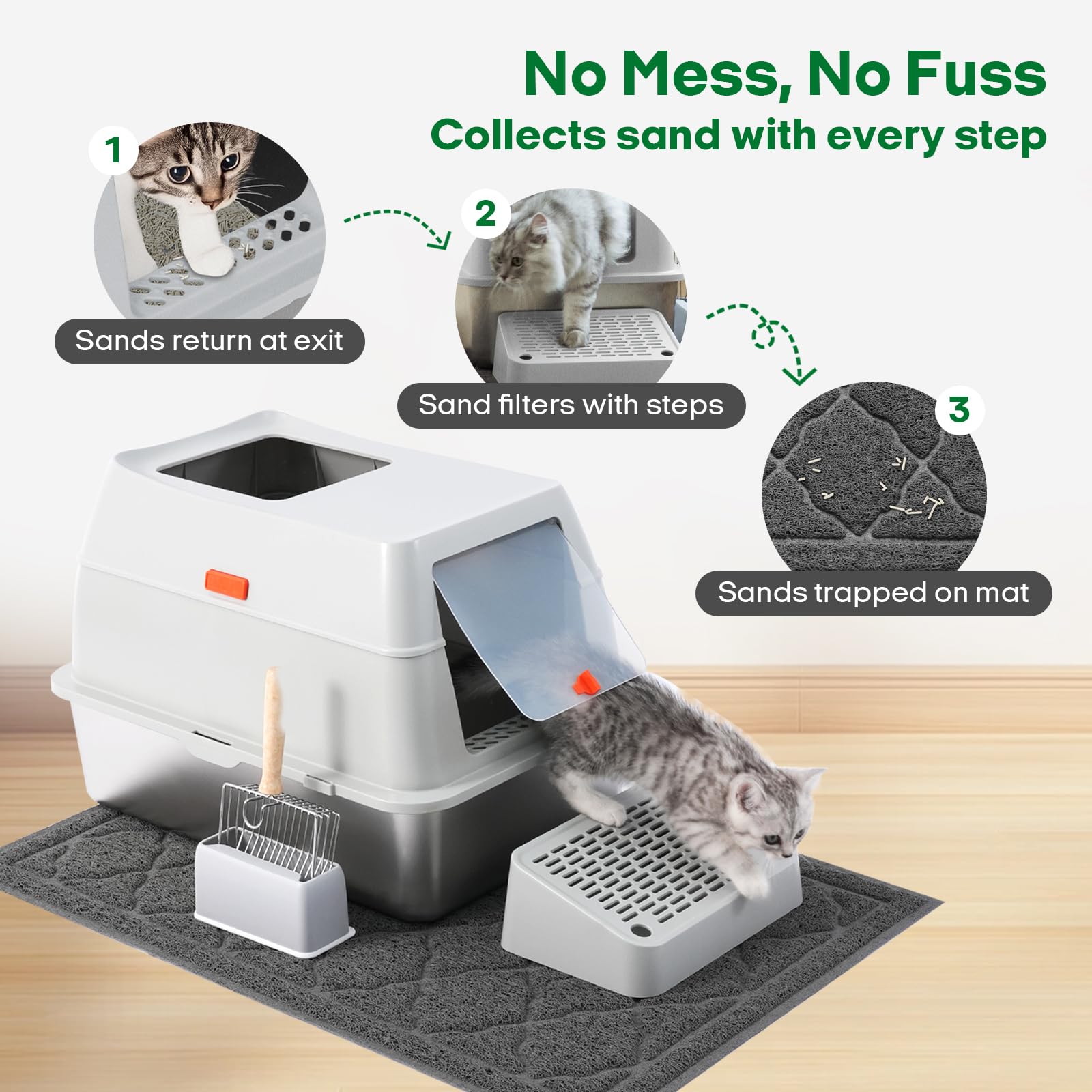 Thirdream stainless steel cat litter box durable lid reduces leaks and odors.