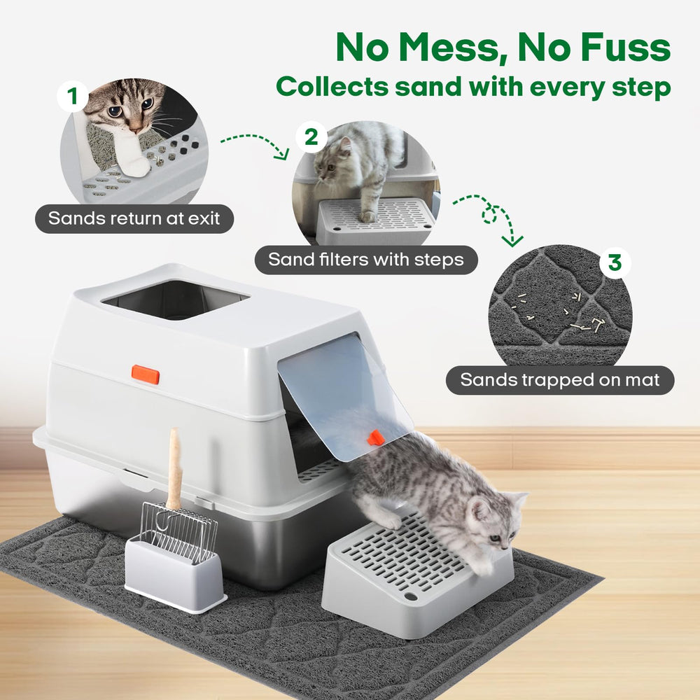 Thirdream stainless steel cat litter box durable lid reduces leaks and odors.