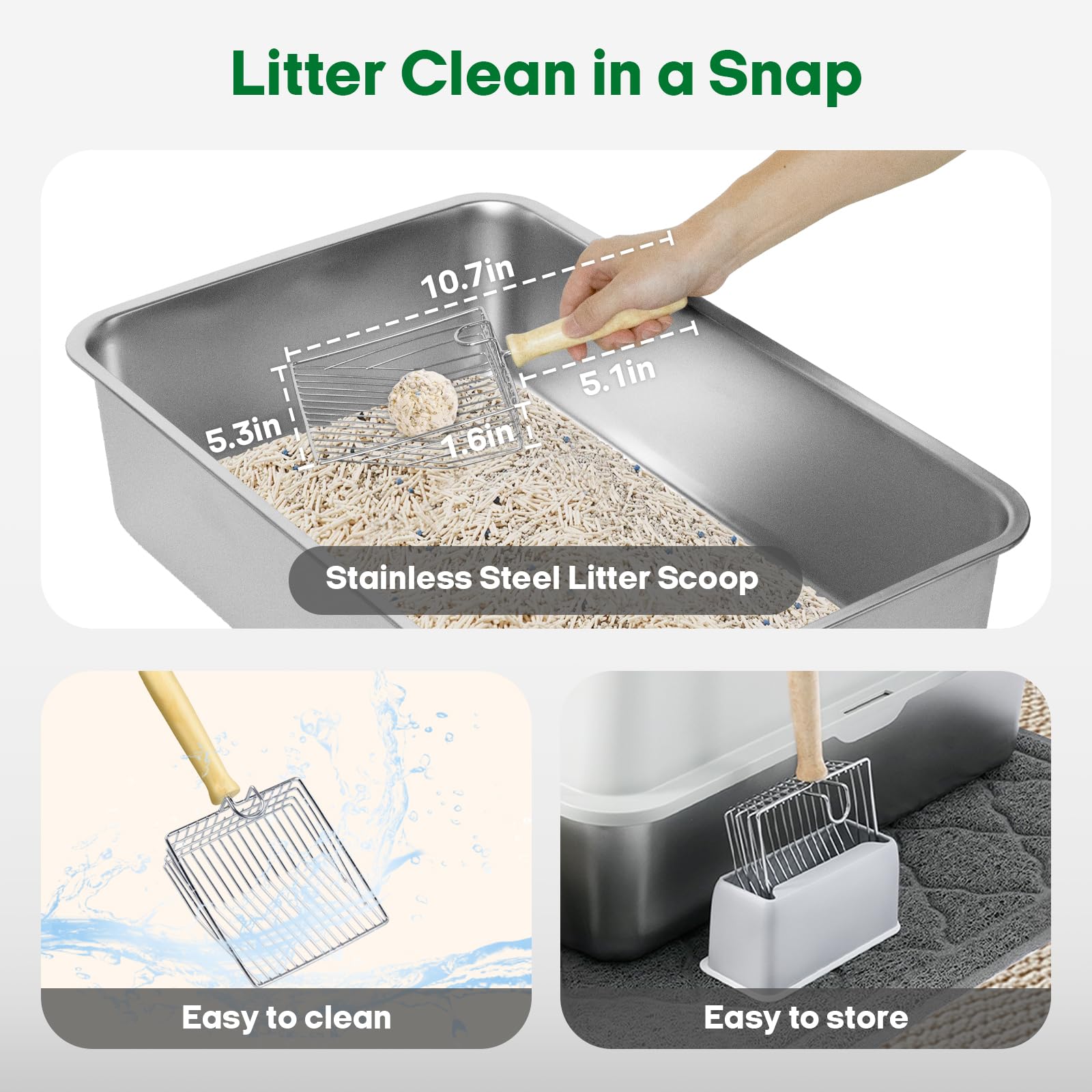 Thirdream stainless steel cat litter box includes scoop and mat for tidy setup.