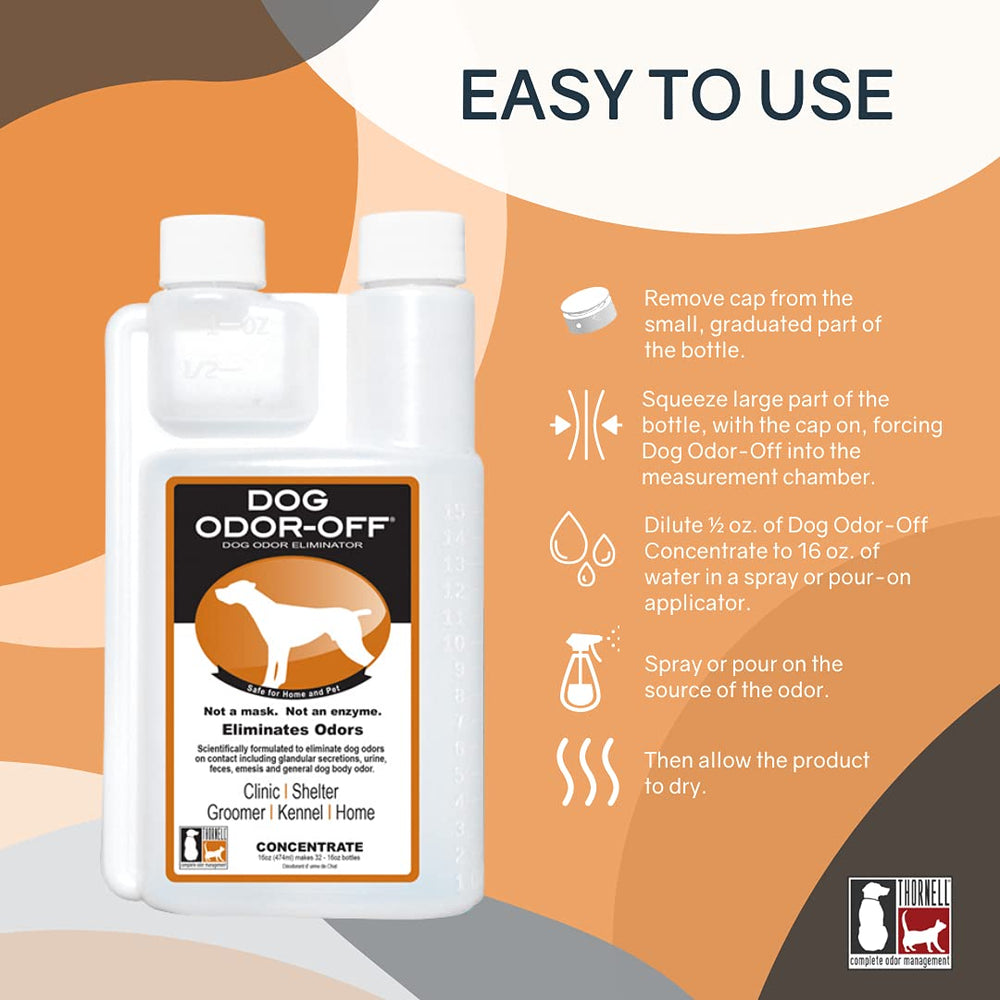 Thornell Dog Odor-Off dilution guide demonstrates easy measurements for effective elimination.
