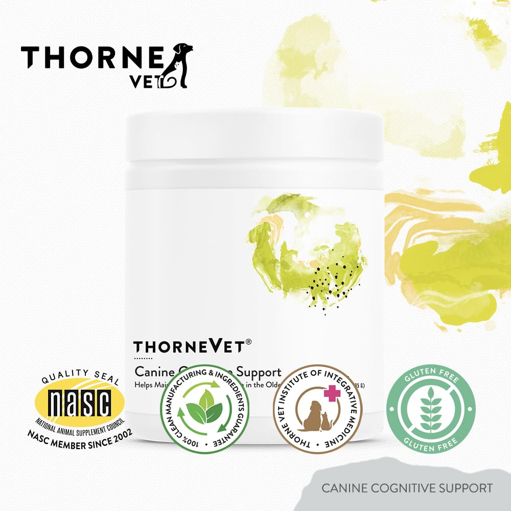 ThorneVet canine aging brain support closeup suggests mood and memory support possibilities.
