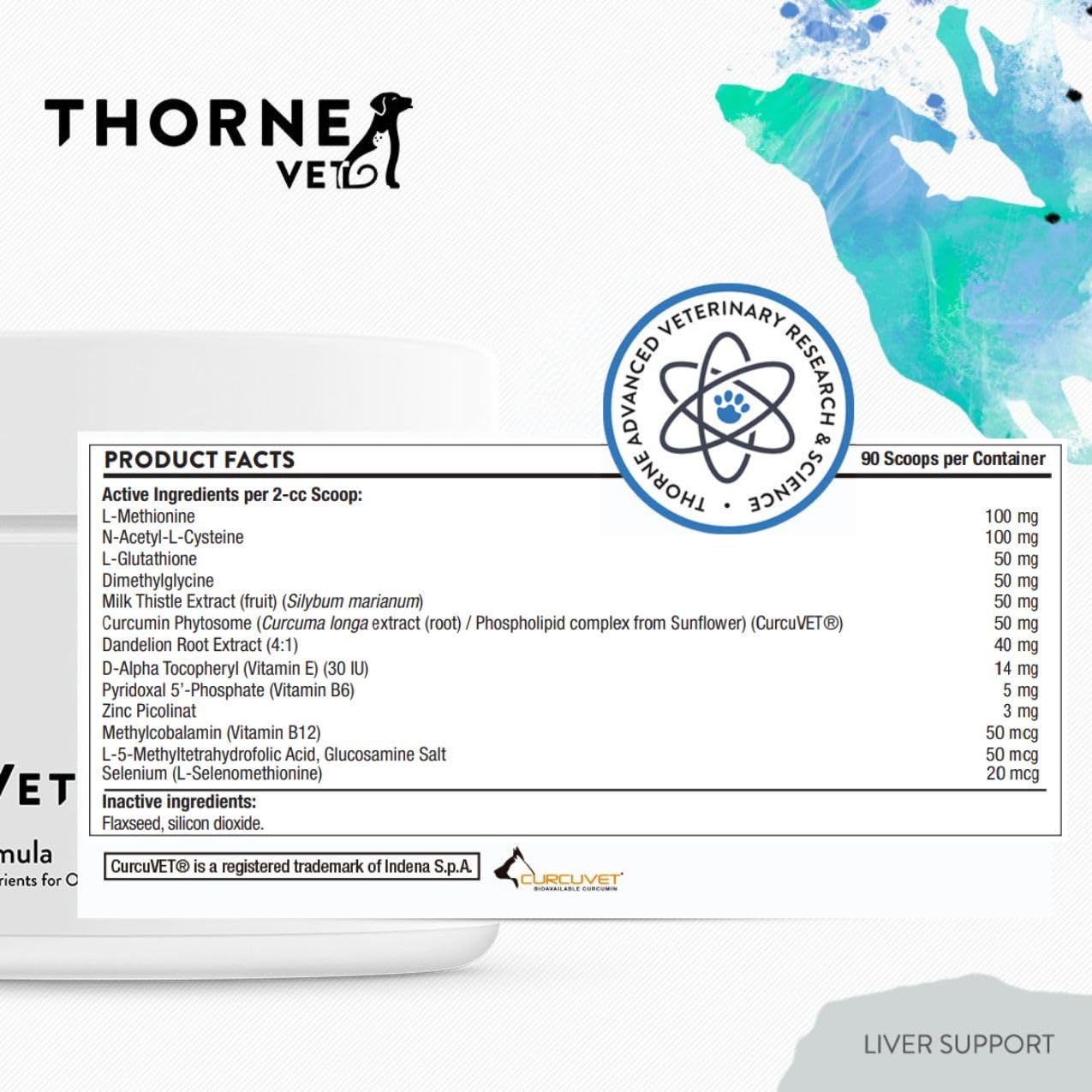 ThorneVET CurcuVET-curcumin visual signals antioxidant support for joint and liver health.