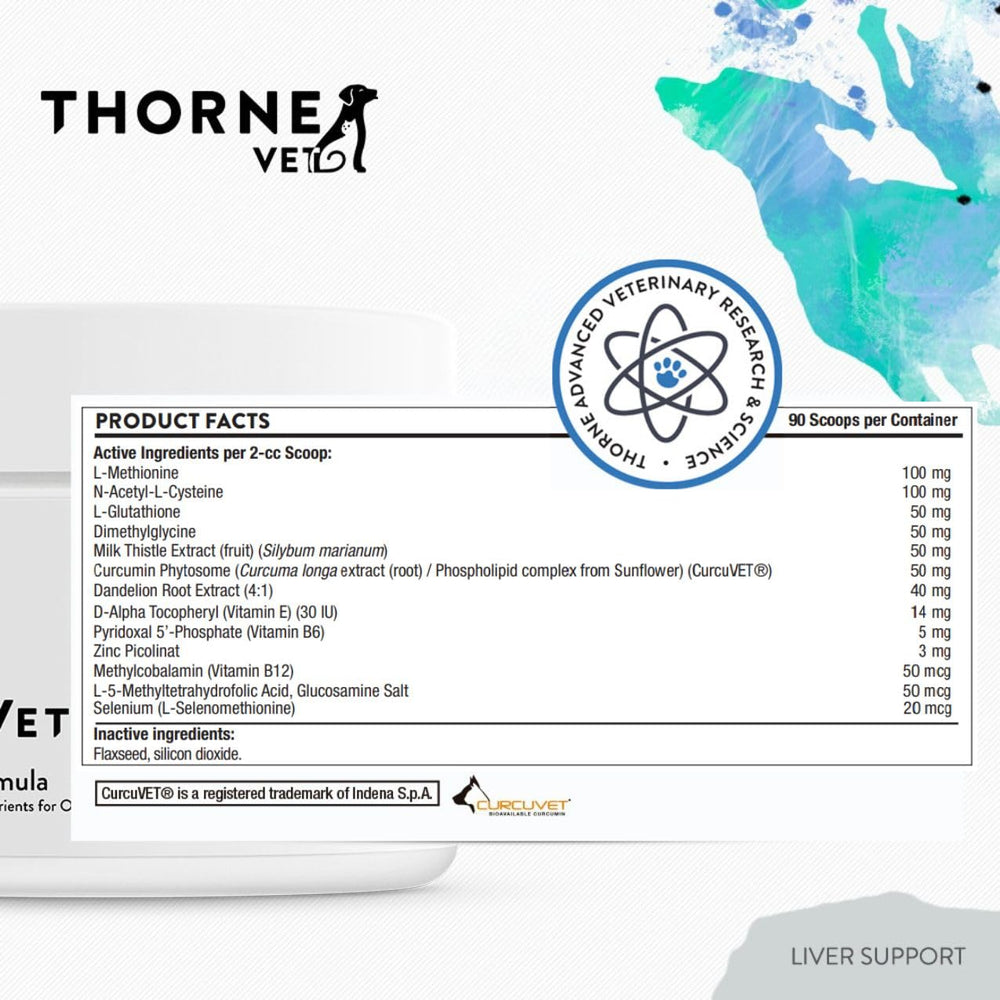 ThorneVET CurcuVET-curcumin visual signals antioxidant support for joint and liver health.