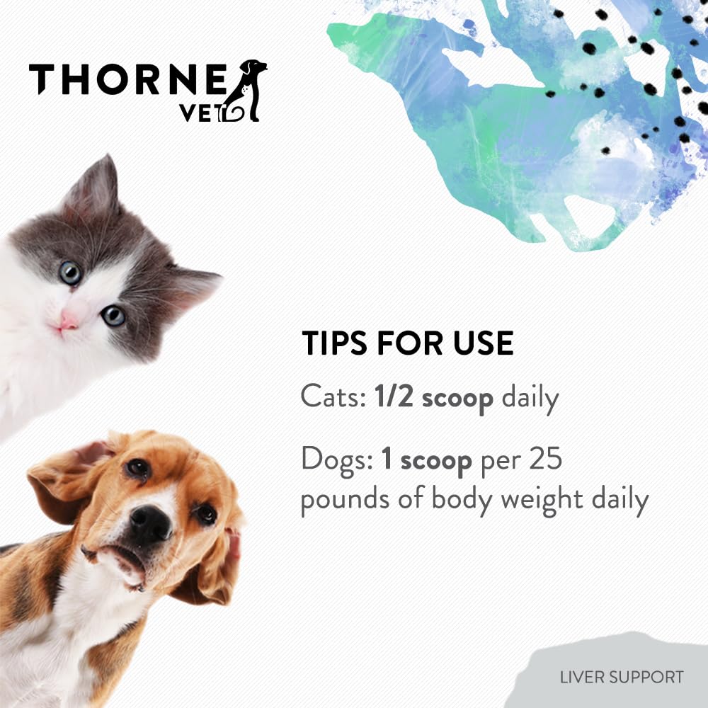 ThorneVET Liver Support Powder ingredients Milk Thistle highlight herbal liver support in bowls.