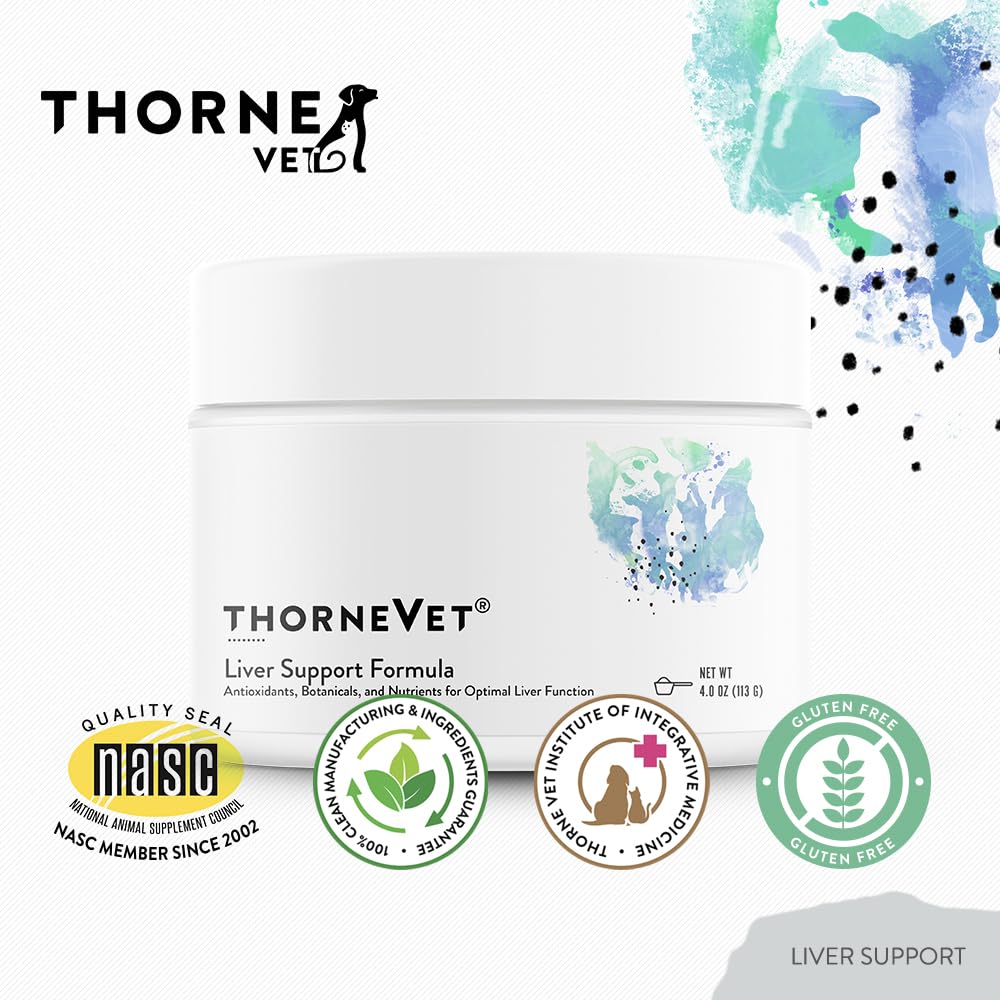 ThorneVET Liver Support Powder packaging features Vitamins B and E for overall wellness.