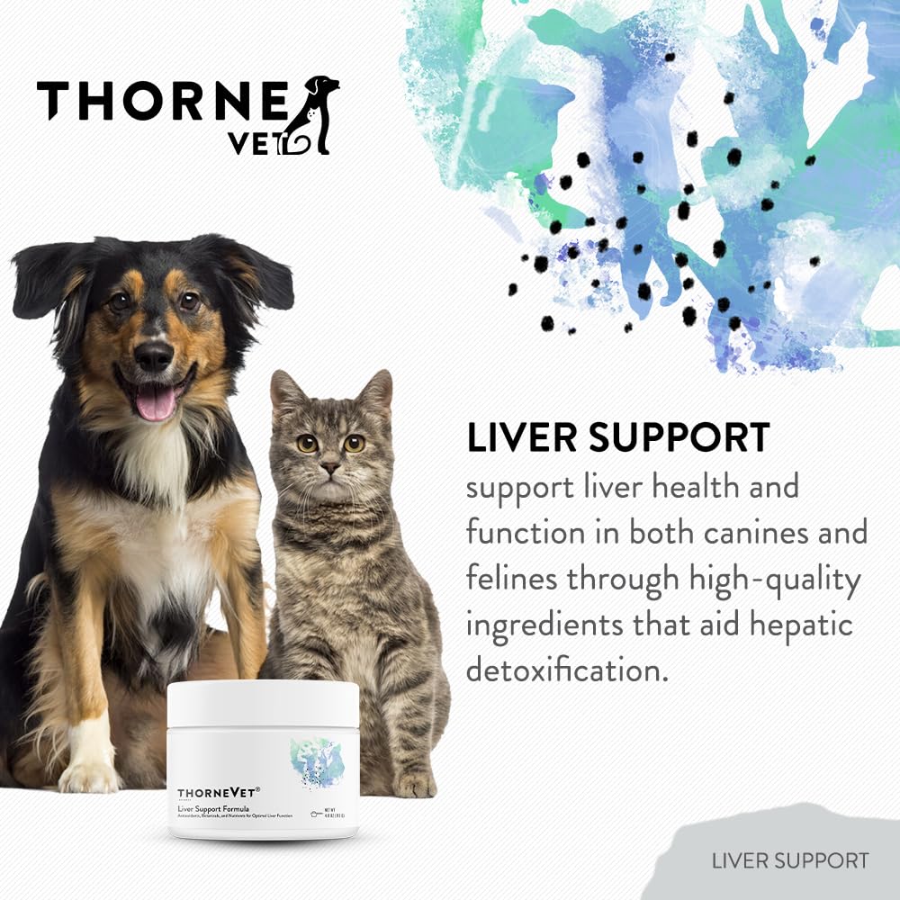 ThorneVET Liver Support Powder tub with dosing spoon helps convenient daily administration.