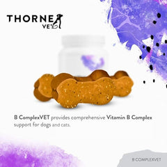 ThorneVET B ComplexVET ingredients panel highlights essential vitamins for energy and cell health.
