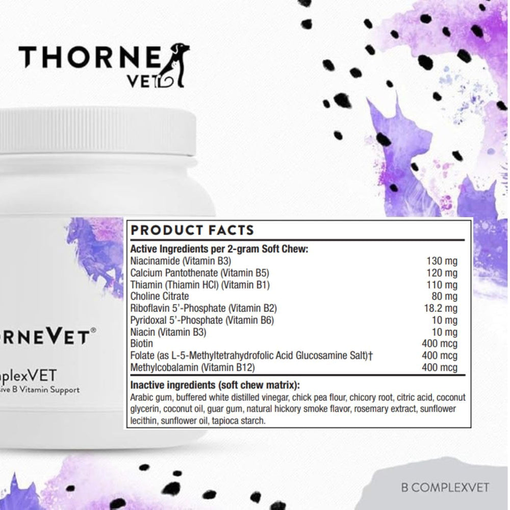 ThorneVET B ComplexVET chews beside a calm dog suggesting stress support.