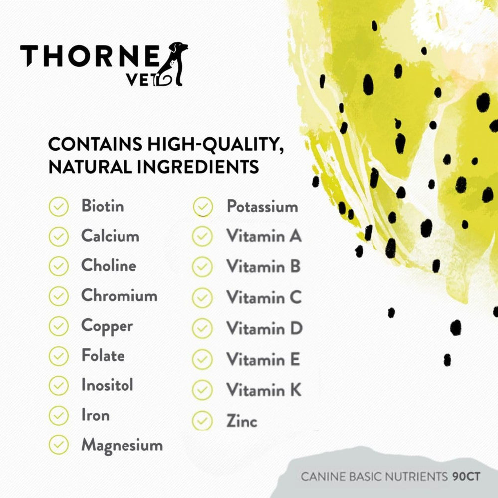 ThorneVET Canine Basic Nutrients nutrition ingredients panel emphasizes essential vitamins and minerals for wellness.