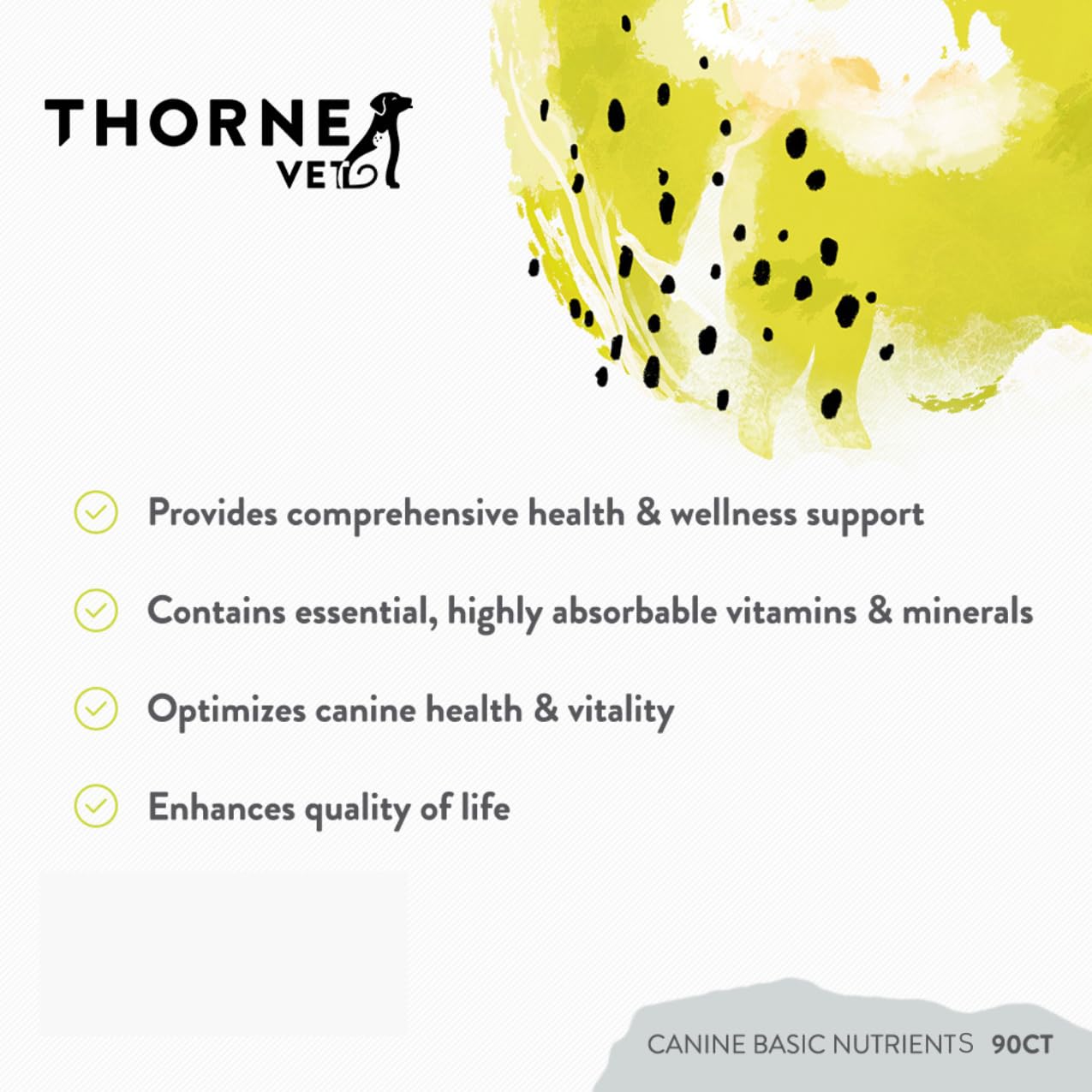 ThorneVET Canine Basic Nutrients packaging box illustrates age-spanning support from puppies to seniors.