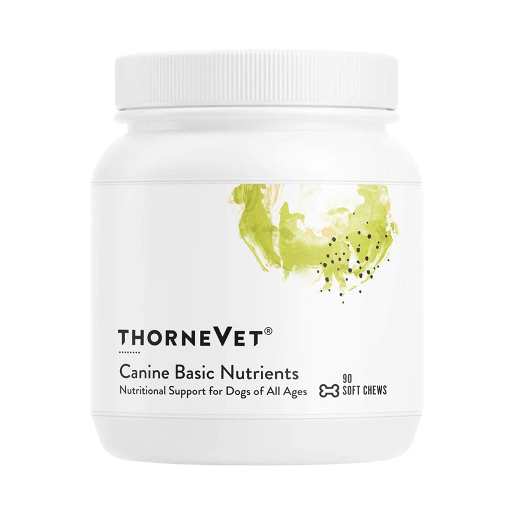ThorneVET Canine Basic Nutrients soft chews bottle supports daily canine vitality with a complete nutrient blend.