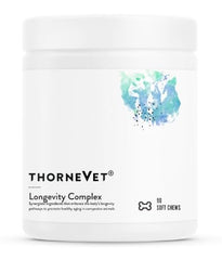 ThorneVet Longevity bottle cap close-up — convenient daily chew for aging pets.