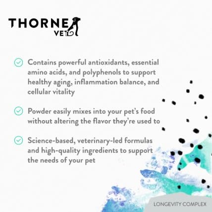ThorneVet Longevity ingredient blend illustration — NR, polyphenols, and antioxidants highlighted.