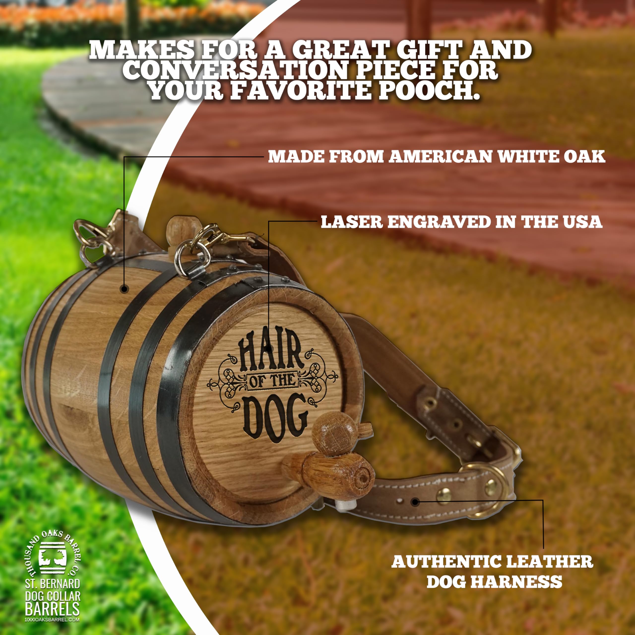 THOUSAND OAKS BARREL laser-engraved charm closeup offers a personalized gift idea for dogs