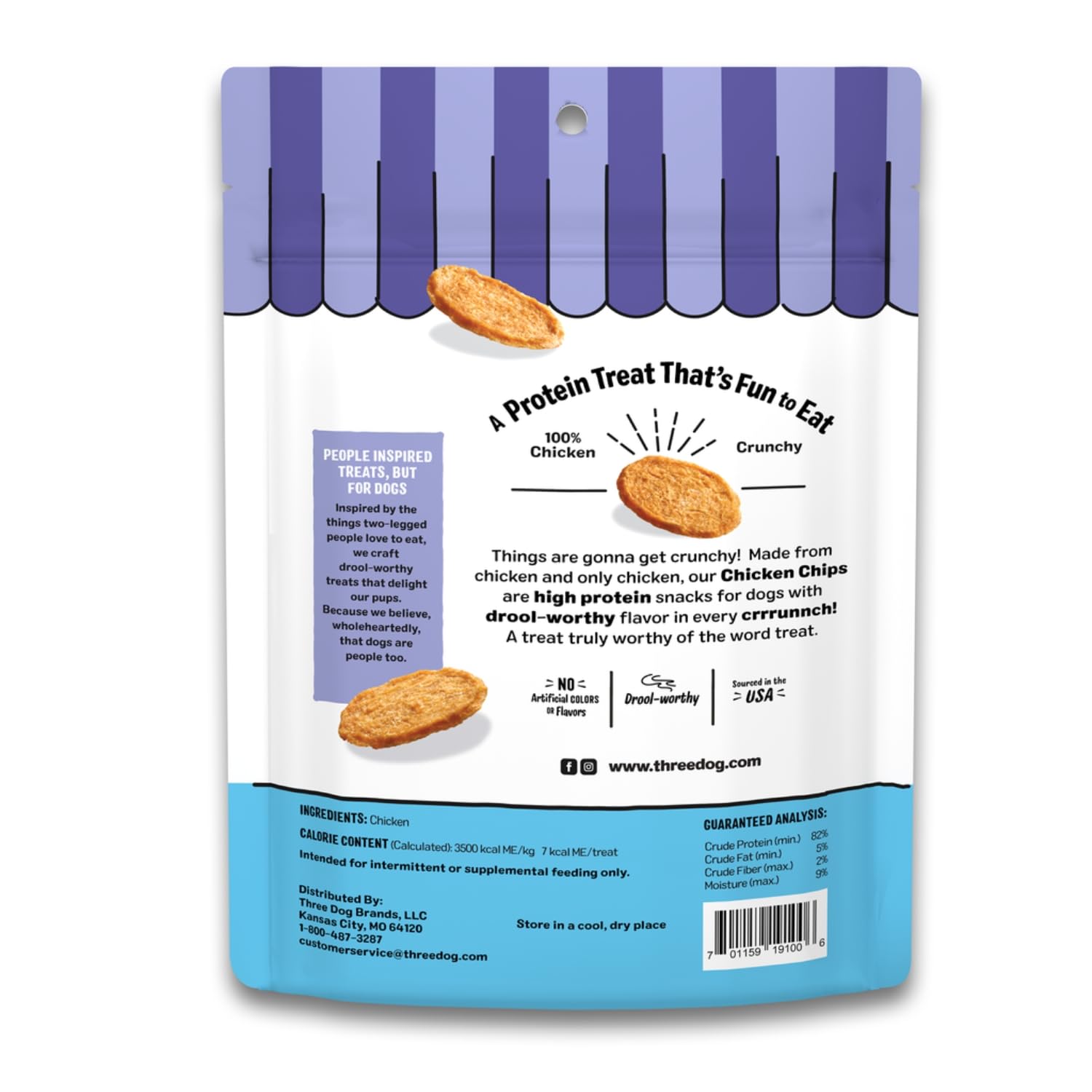Three Dog Bakery Bark’N Crunch Chicken Chips close-up highlights 100 percent chicken high-protein snack