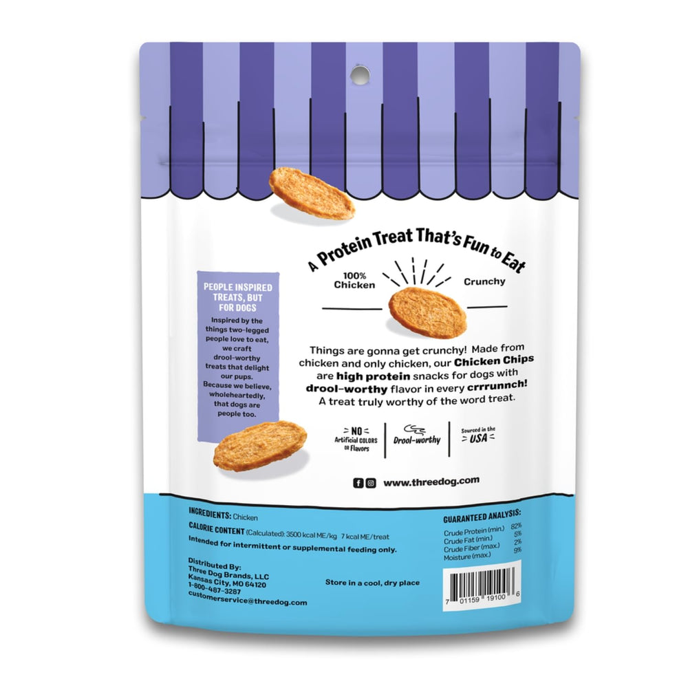 Three Dog Bakery Bark’N Crunch Chicken Chips close-up highlights 100 percent chicken high-protein snack