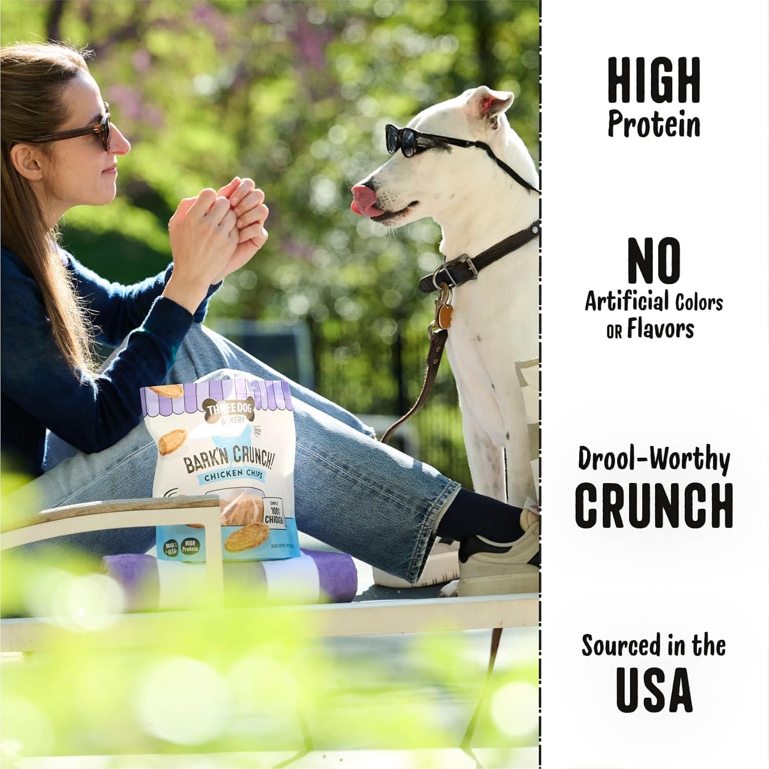 Three Dog Bakery Bark’N Crunch Chicken Chips package single-ingredient real chicken