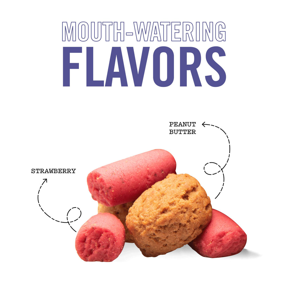 Three Dog Bakery PB&J ingredients feature real strawberries and oats for wholesome flavor