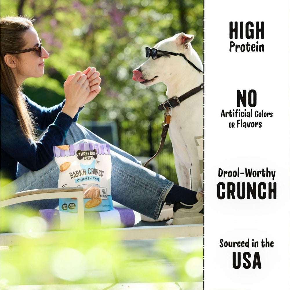 Three Dog Bakery Bark’N Crunch USA-sourced chicken chips in a bag.