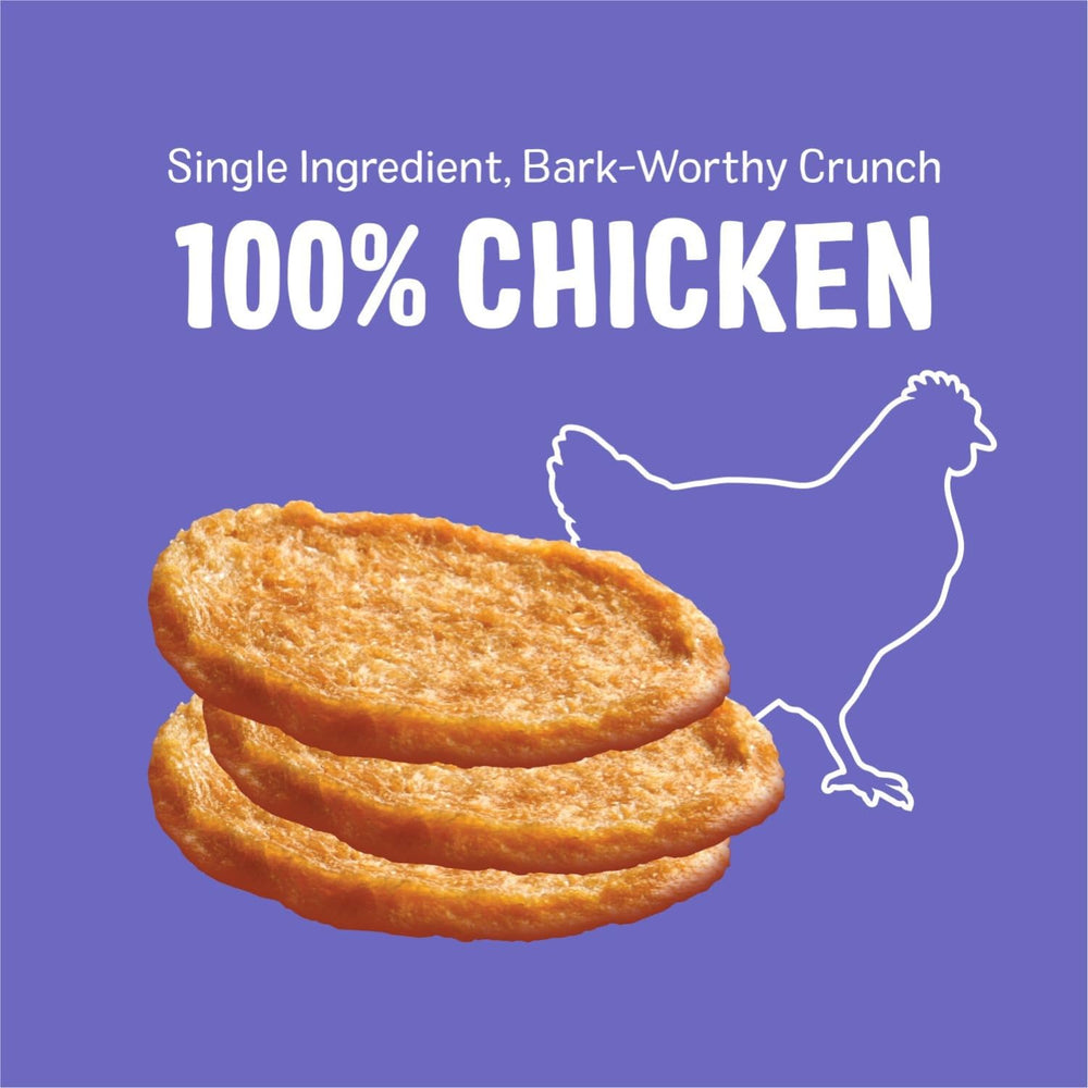 Three Dog Bakery Bark’N Crunch Chicken Chips closeup meat emphasizes real chicken for high-protein rewards.
