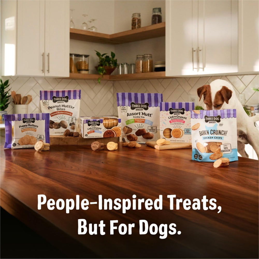 Three Dog Bakery Bark’N Crunch Chicken Chips eight-ounce bag is easy to portion for daily treats.