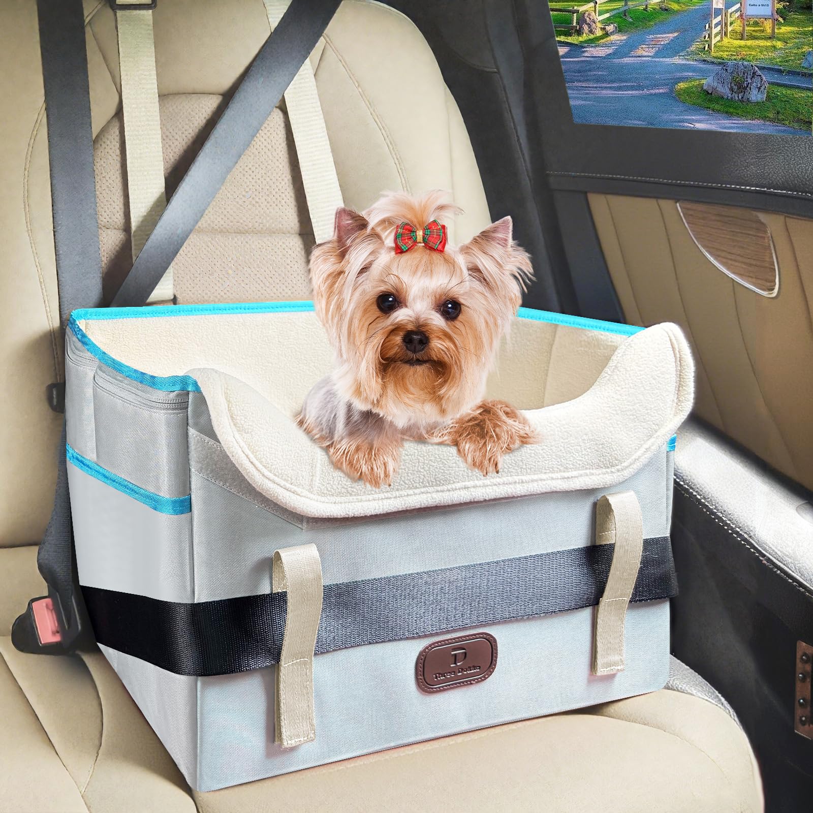 ThreeDokke dog car seat front view offers secure booster for safer travel.