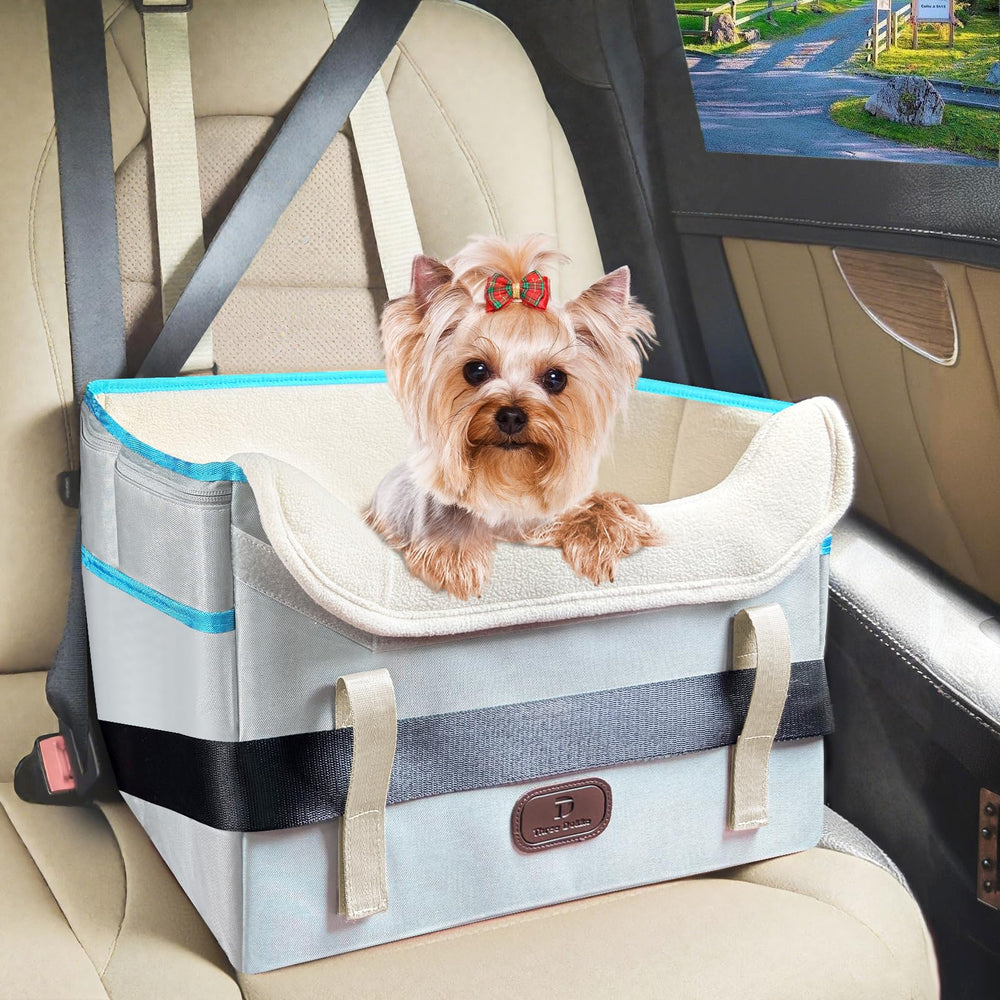 ThreeDokke dog car seat front view offers secure booster for safer travel.