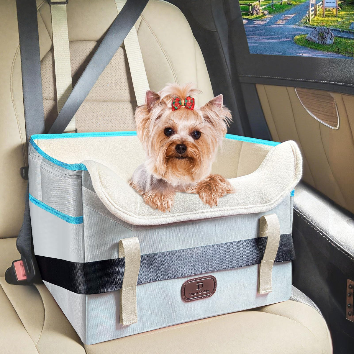 ThreeDokke dog car seat front view offers secure booster for safer travel.