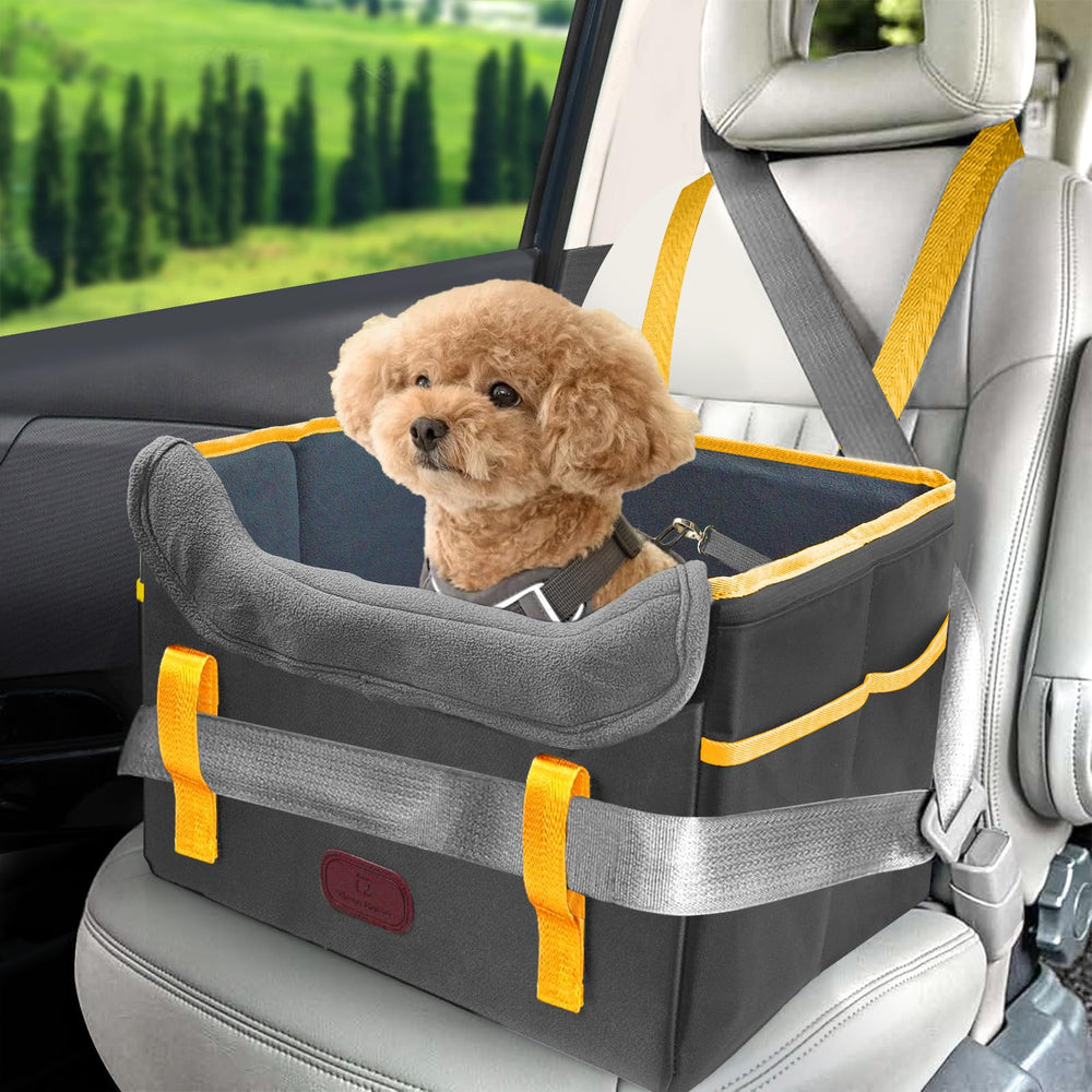 ThreeDokke dog car seat front view with stable booster for calm rides