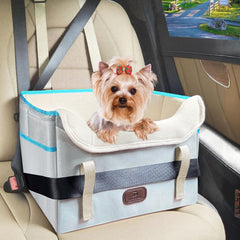 ThreeDokke dog car seat front view offers secure booster for safer travel.