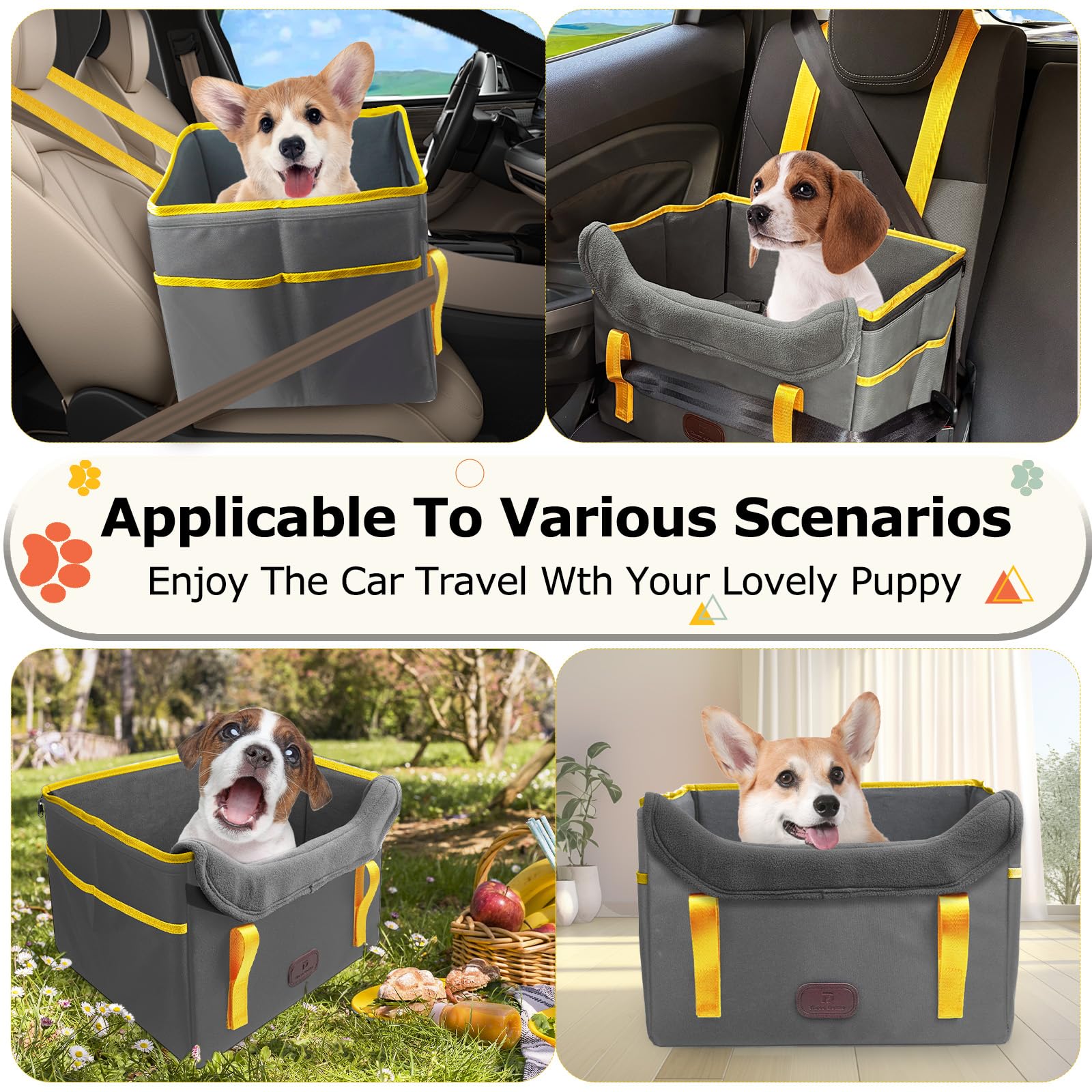 ThreeDokke dog car seat side view highlights waterproof fabric and leash clip